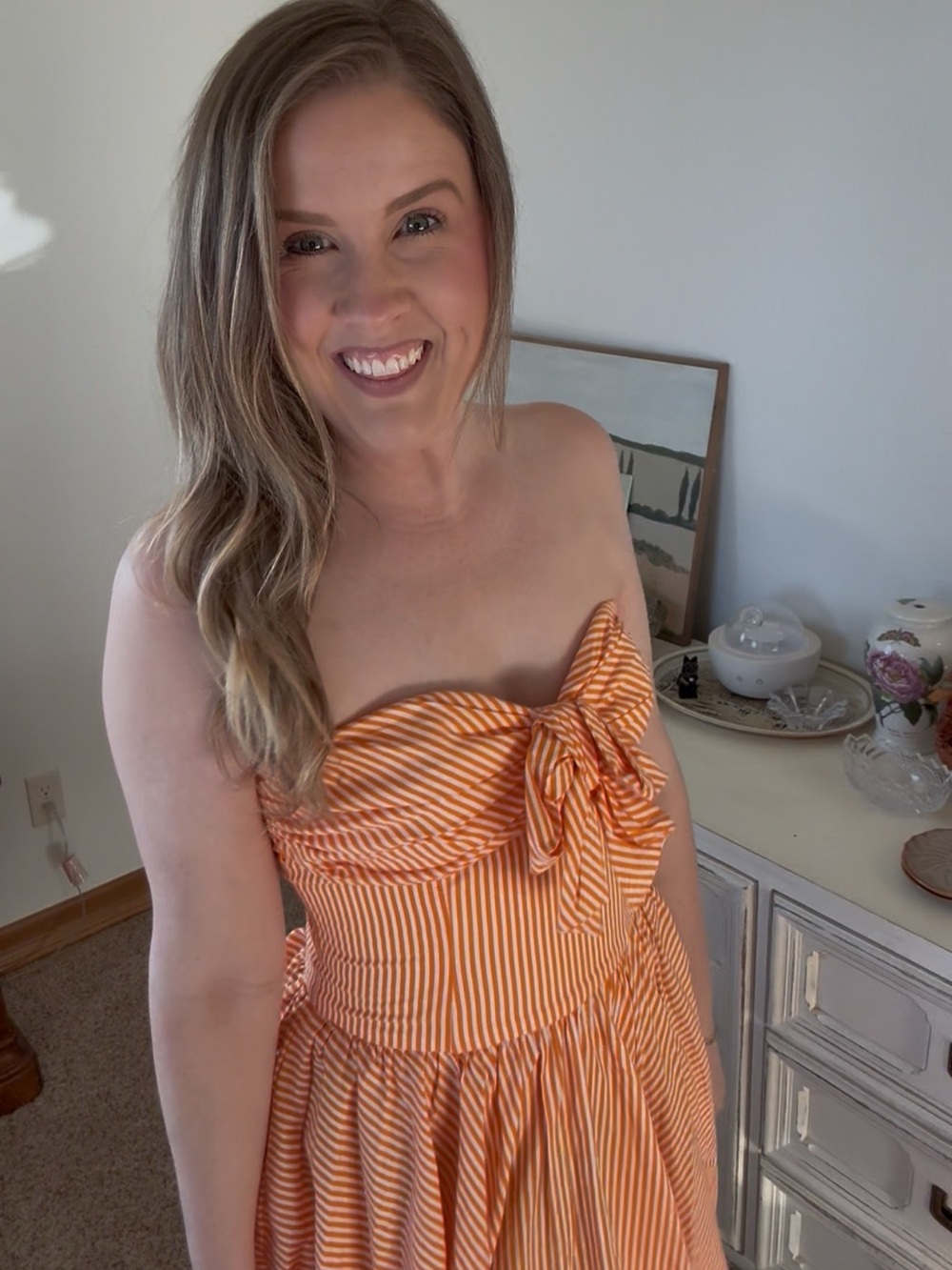 Albert Nipon Orange and White Striped Tie-Front Sundress fits like a 6